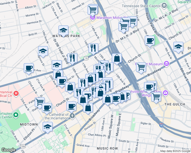 map of restaurants, bars, coffee shops, grocery stores, and more near 205 17th Avenue North in Nashville
