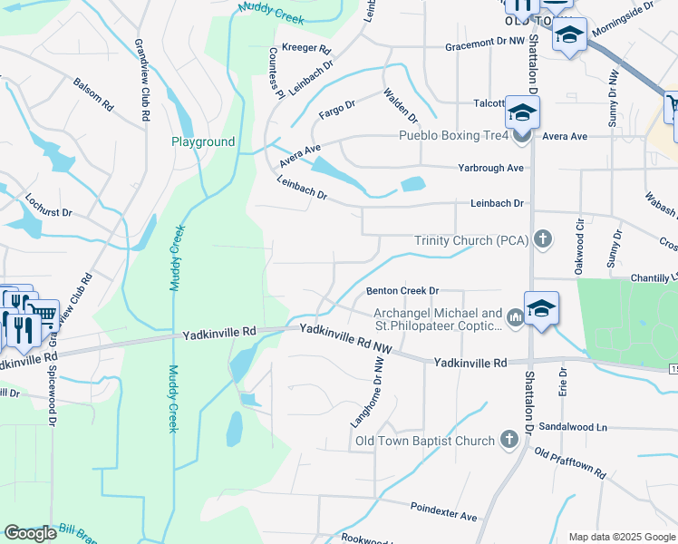 map of restaurants, bars, coffee shops, grocery stores, and more near 4137 Benton Creek Drive in Winston-Salem