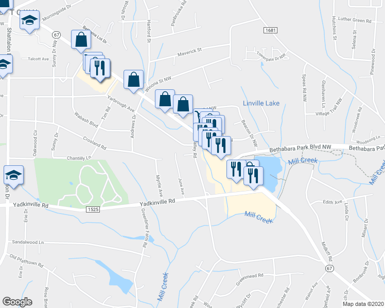map of restaurants, bars, coffee shops, grocery stores, and more near 3400 Valley Cliff Drive in Winston-Salem