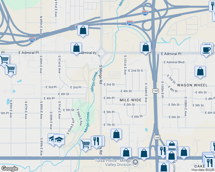 map of restaurants, bars, coffee shops, grocery stores, and more near 9720 East 3rd Street in Tulsa