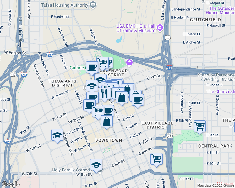 map of restaurants, bars, coffee shops, grocery stores, and more near 119 South Detroit Avenue in Tulsa