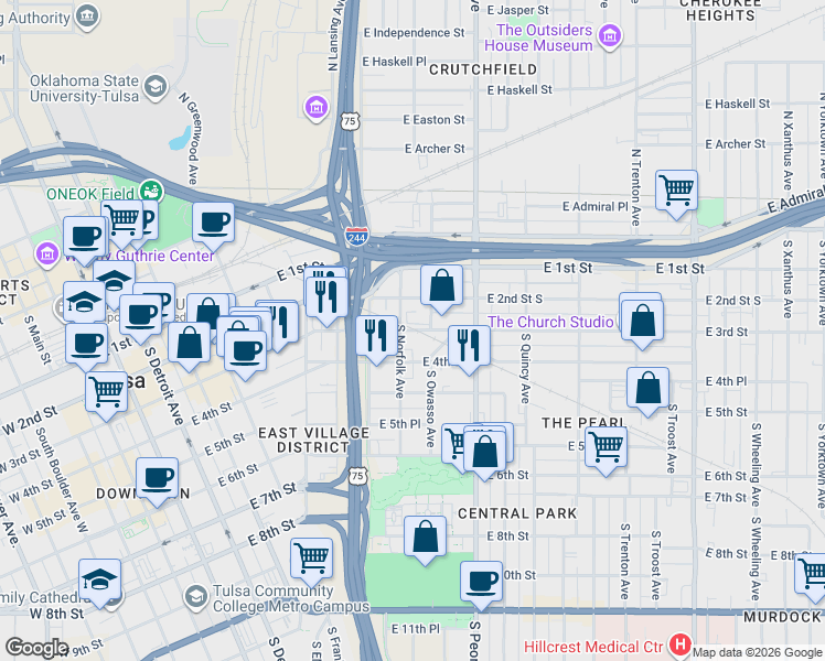 map of restaurants, bars, coffee shops, grocery stores, and more near 1114 East 3rd Street in Tulsa
