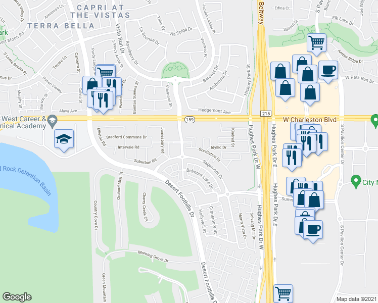 map of restaurants, bars, coffee shops, grocery stores, and more near 106 Plaza Centre Drive in Las Vegas