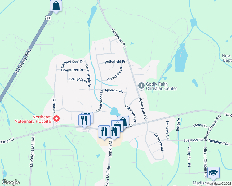 map of restaurants, bars, coffee shops, grocery stores, and more near 4108 Sunbury Drive in Greensboro