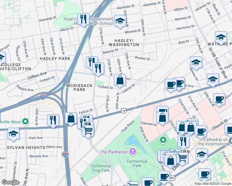 map of restaurants, bars, coffee shops, grocery stores, and more near 520 26th Avenue North in Nashville