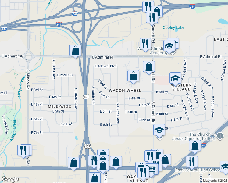map of restaurants, bars, coffee shops, grocery stores, and more near 403 South 108th East Avenue in Tulsa