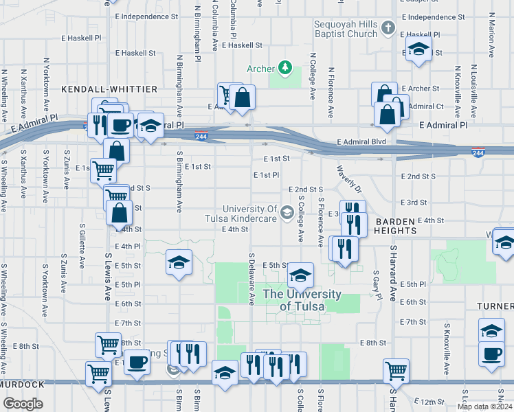 map of restaurants, bars, coffee shops, grocery stores, and more near in Tulsa