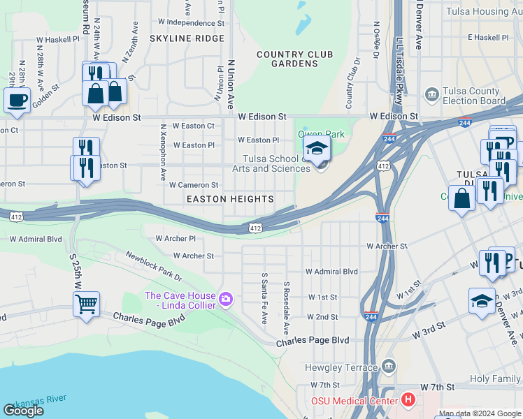 map of restaurants, bars, coffee shops, grocery stores, and more near 201 North Santa Fe Avenue in Tulsa