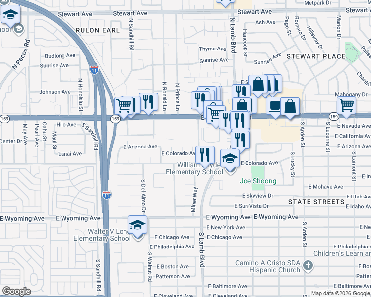 map of restaurants, bars, coffee shops, grocery stores, and more near 4140 East Olive Street in Las Vegas