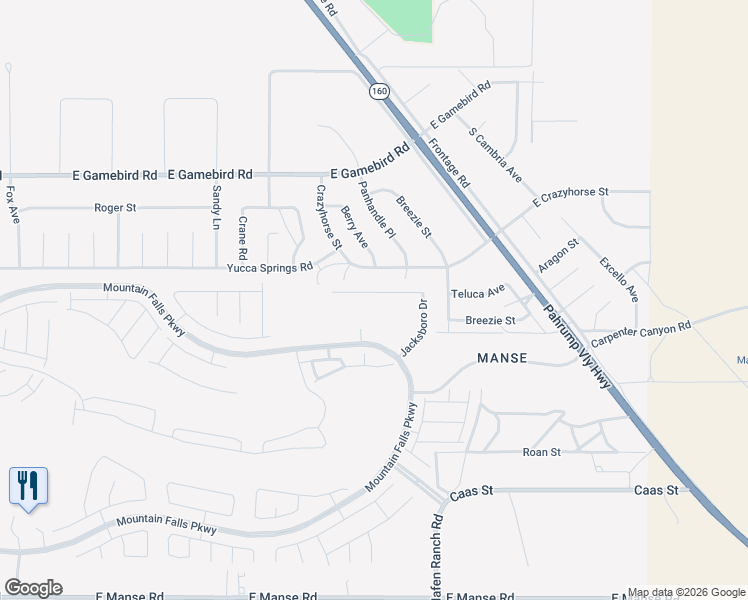 map of restaurants, bars, coffee shops, grocery stores, and more near 5847 Badlands Lane in Pahrump