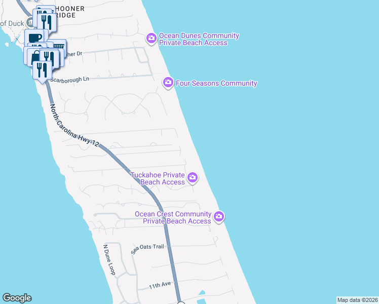 map of restaurants, bars, coffee shops, grocery stores, and more near 138 Sea Hawk Drive East in Kitty Hawk