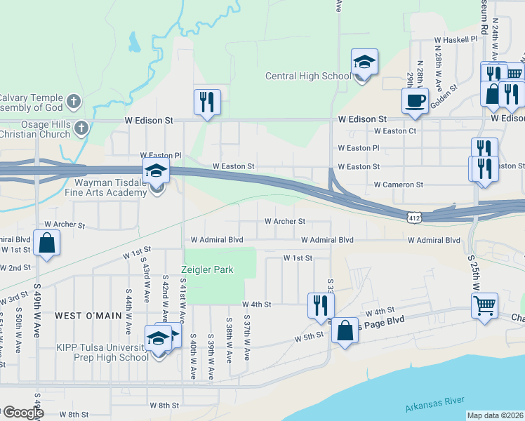 map of restaurants, bars, coffee shops, grocery stores, and more near 20 North 36th West Avenue in Tulsa