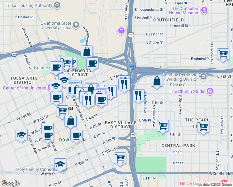 map of restaurants, bars, coffee shops, grocery stores, and more near 313 South Kenosha Avenue in Tulsa
