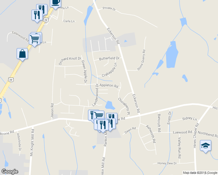 map of restaurants, bars, coffee shops, grocery stores, and more near 4110 Appleton Road in Greensboro