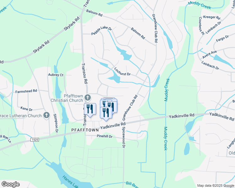 map of restaurants, bars, coffee shops, grocery stores, and more near 4555 Peter Pfaff Drive in Pfafftown