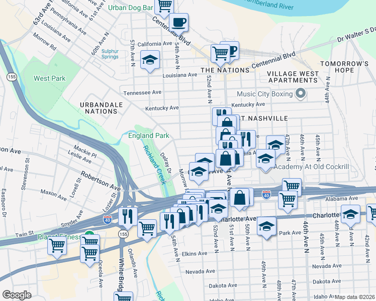 map of restaurants, bars, coffee shops, grocery stores, and more near 5319 Indiana Avenue in Nashville