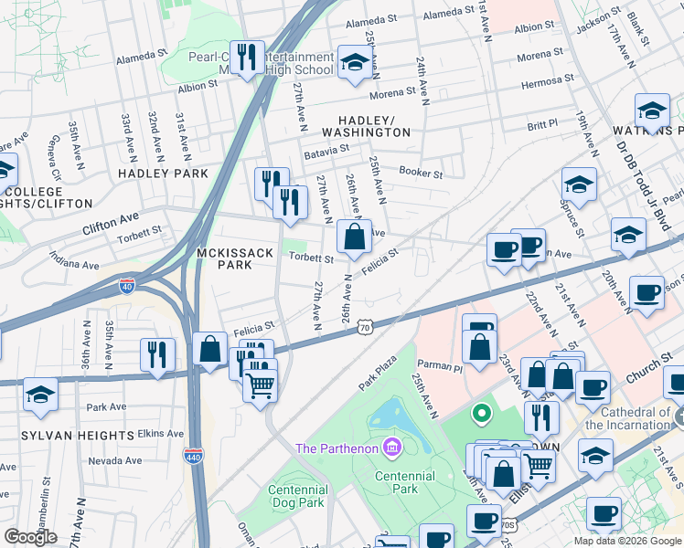 map of restaurants, bars, coffee shops, grocery stores, and more near 520 26th Avenue North in Nashville