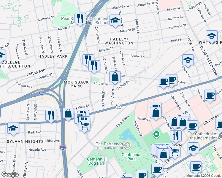 map of restaurants, bars, coffee shops, grocery stores, and more near 520 26th Avenue North in Nashville