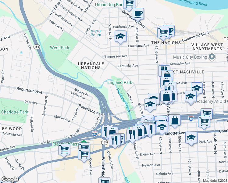map of restaurants, bars, coffee shops, grocery stores, and more near 710 Hite Street in Nashville