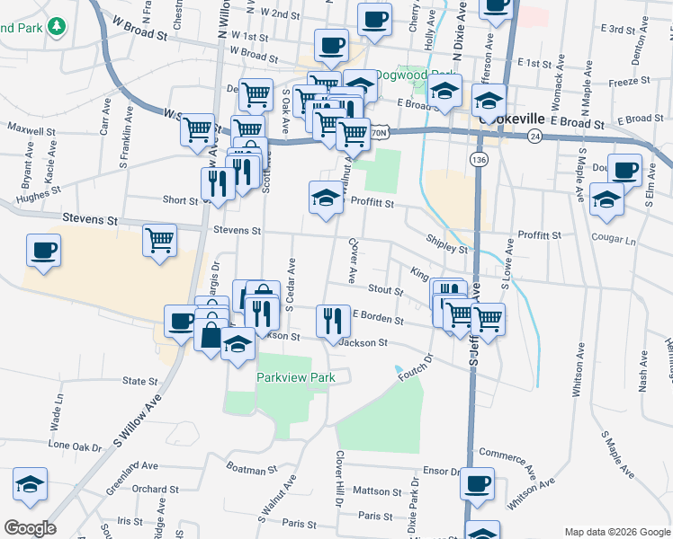 map of restaurants, bars, coffee shops, grocery stores, and more near 15 Stout Street in Cookeville