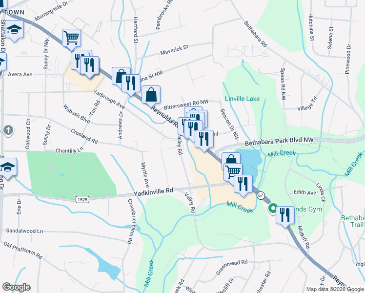 map of restaurants, bars, coffee shops, grocery stores, and more near 3432 Valley Road in Winston-Salem