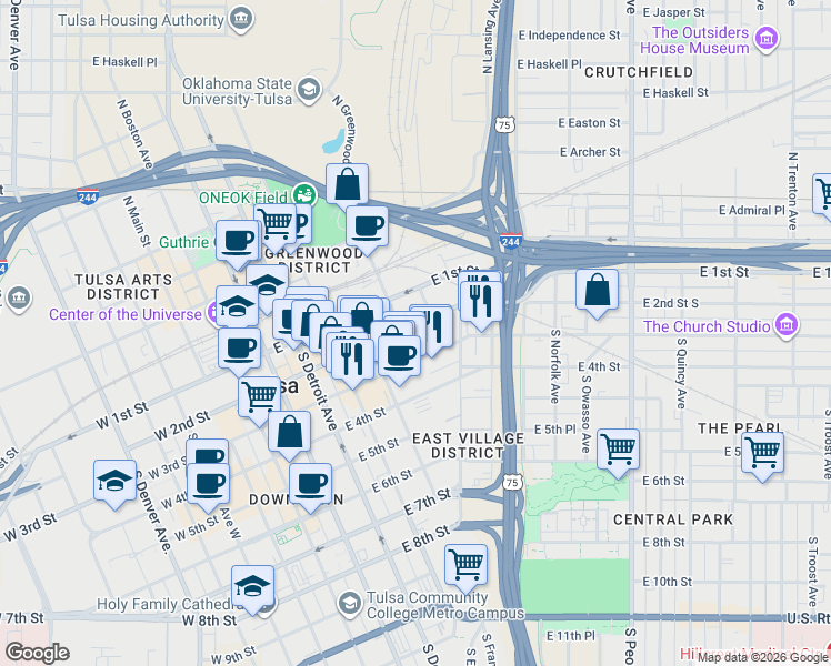 map of restaurants, bars, coffee shops, grocery stores, and more near 211 South Greenwood Avenue in Tulsa