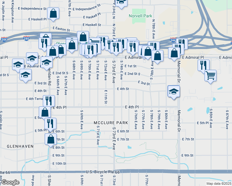 map of restaurants, bars, coffee shops, grocery stores, and more near 413 South 73rd East Avenue in Tulsa
