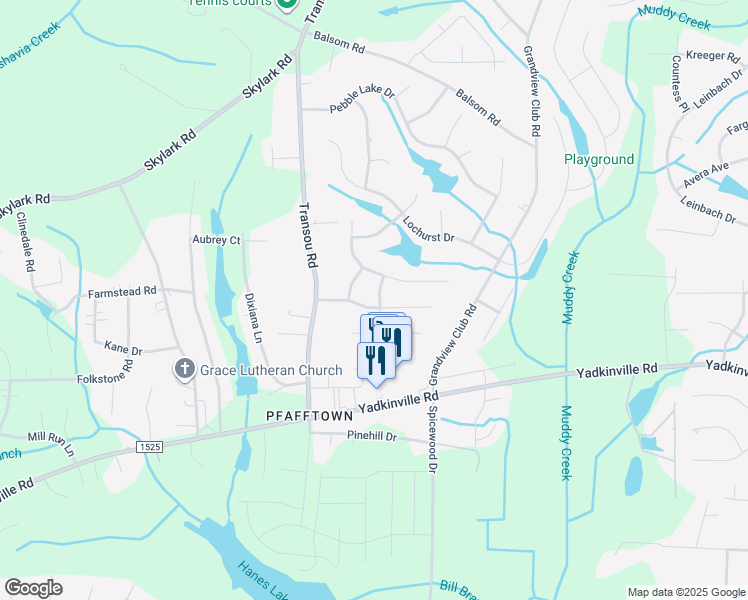 map of restaurants, bars, coffee shops, grocery stores, and more near 4601 Peter Pfaff Drive in Pfafftown