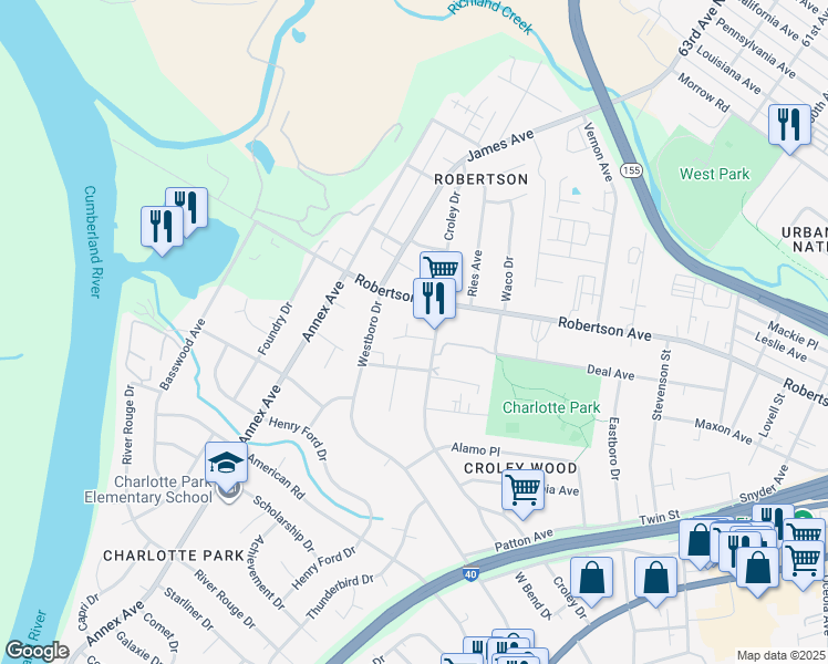 map of restaurants, bars, coffee shops, grocery stores, and more near 6305 Robertson Avenue in Nashville