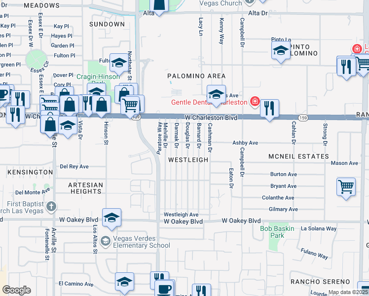 map of restaurants, bars, coffee shops, grocery stores, and more near 1206 Douglas Drive in Las Vegas