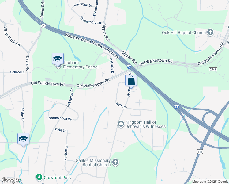 map of restaurants, bars, coffee shops, grocery stores, and more near 136 Huff Circle in Winston-Salem