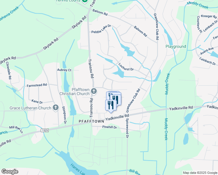 map of restaurants, bars, coffee shops, grocery stores, and more near 4611 Peter Pfaff Drive in Pfafftown