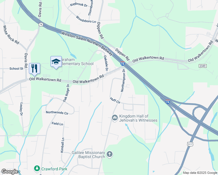 map of restaurants, bars, coffee shops, grocery stores, and more near 5410 Doris Street in Winston-Salem