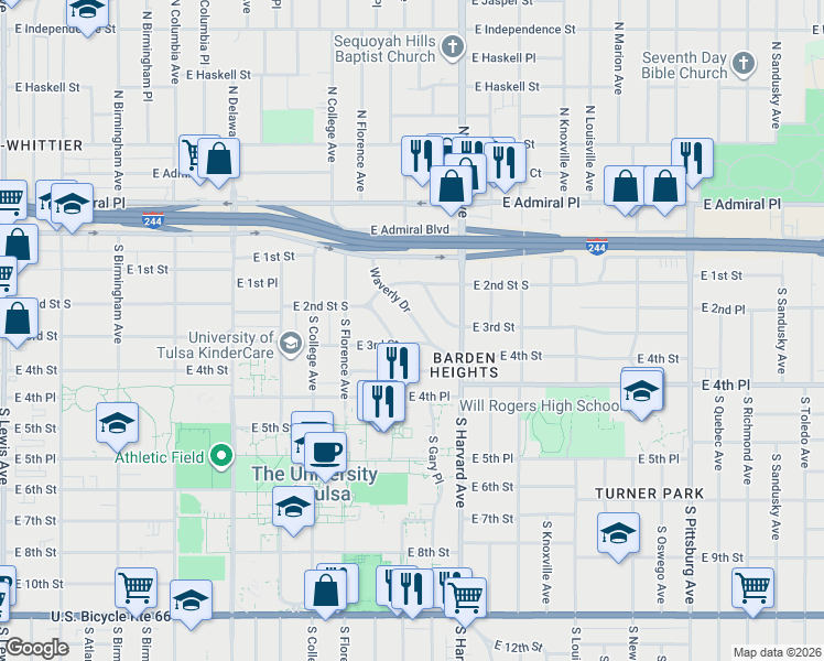 map of restaurants, bars, coffee shops, grocery stores, and more near 248 Waverly Drive in Tulsa