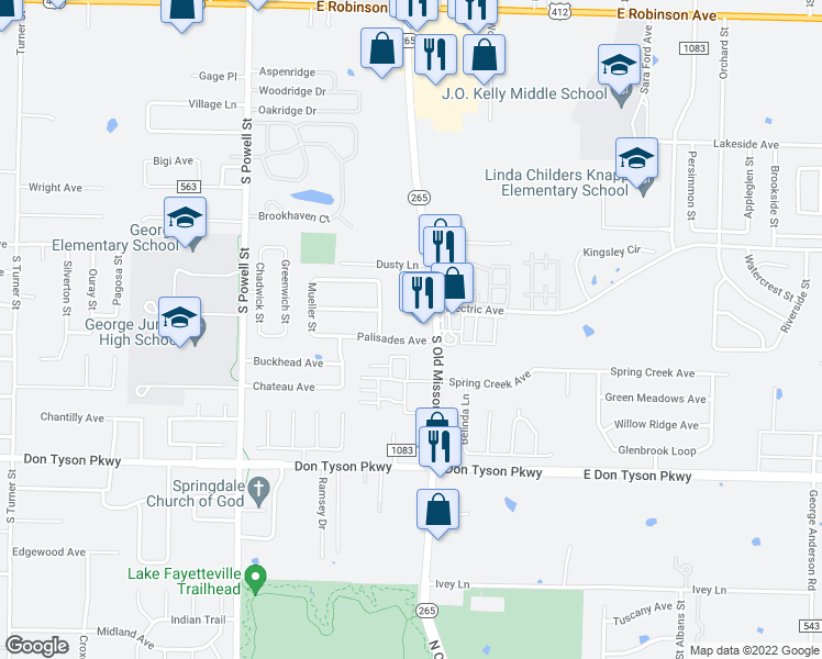 map of restaurants, bars, coffee shops, grocery stores, and more near 1104 Palisades Avenue in Springdale