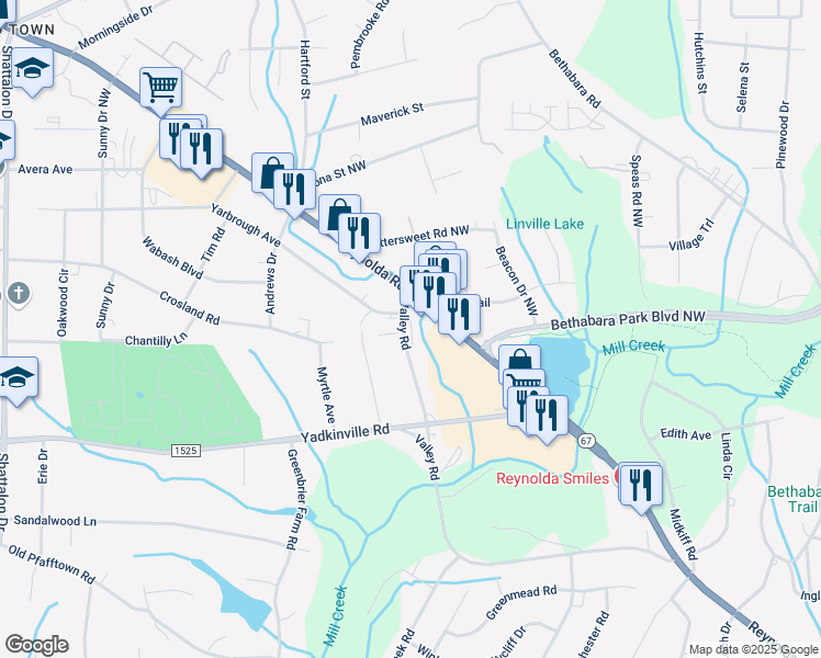 map of restaurants, bars, coffee shops, grocery stores, and more near 3465 Valley Road in Winston-Salem