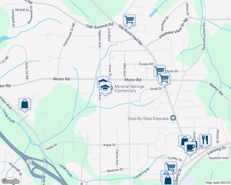 map of restaurants, bars, coffee shops, grocery stores, and more near 4527 Ogburn Avenue in Winston-Salem