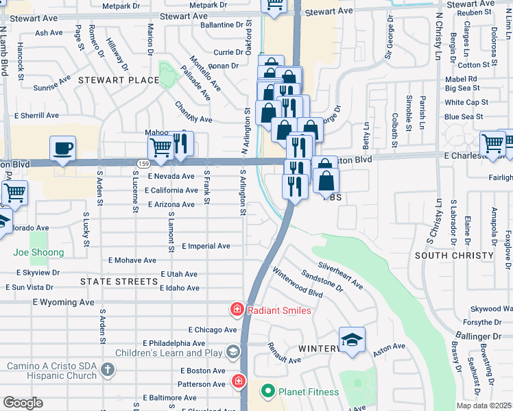map of restaurants, bars, coffee shops, grocery stores, and more near 1300 South Arlington Street in Las Vegas