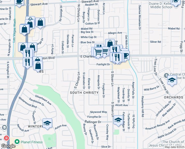 map of restaurants, bars, coffee shops, grocery stores, and more near 5610 Blossom View Avenue in Las Vegas