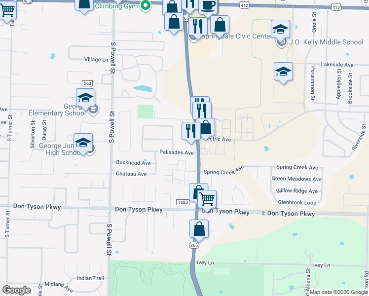 map of restaurants, bars, coffee shops, grocery stores, and more near 1086 Palisades Avenue in Springdale