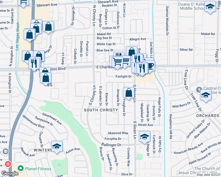 map of restaurants, bars, coffee shops, grocery stores, and more near 5610 Blossom View Avenue in Las Vegas