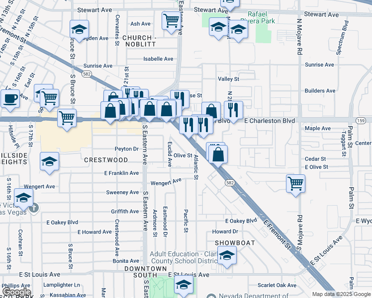 map of restaurants, bars, coffee shops, grocery stores, and more near 2627 Russell Avenue in Las Vegas