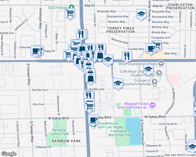 map of restaurants, bars, coffee shops, grocery stores, and more near 6763 West Charleston Boulevard in Las Vegas