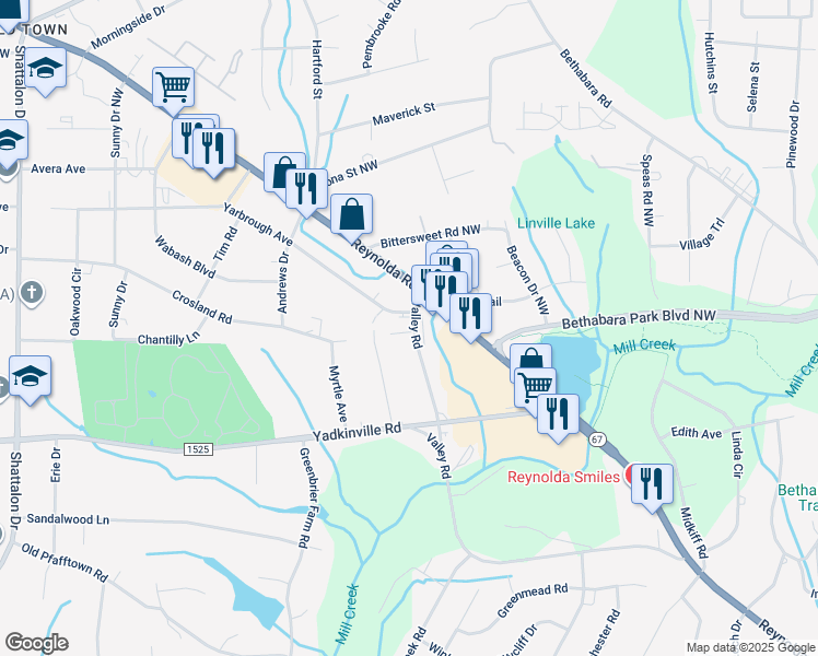map of restaurants, bars, coffee shops, grocery stores, and more near 3505 Yarbrough Avenue in Winston-Salem