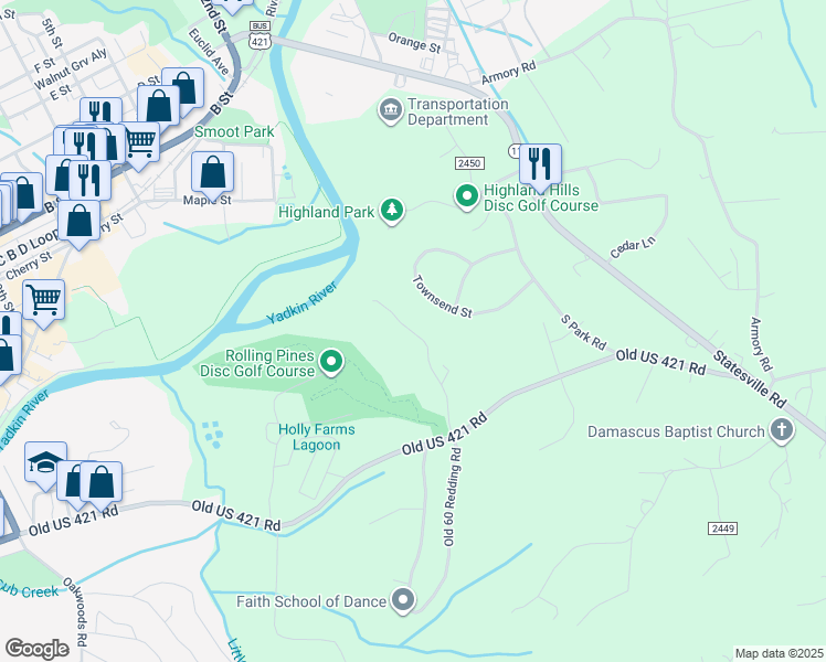 map of restaurants, bars, coffee shops, grocery stores, and more near 101 Townsend Street in North Wilkesboro