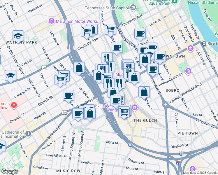 map of restaurants, bars, coffee shops, grocery stores, and more near 121 12th Avenue North in Nashville
