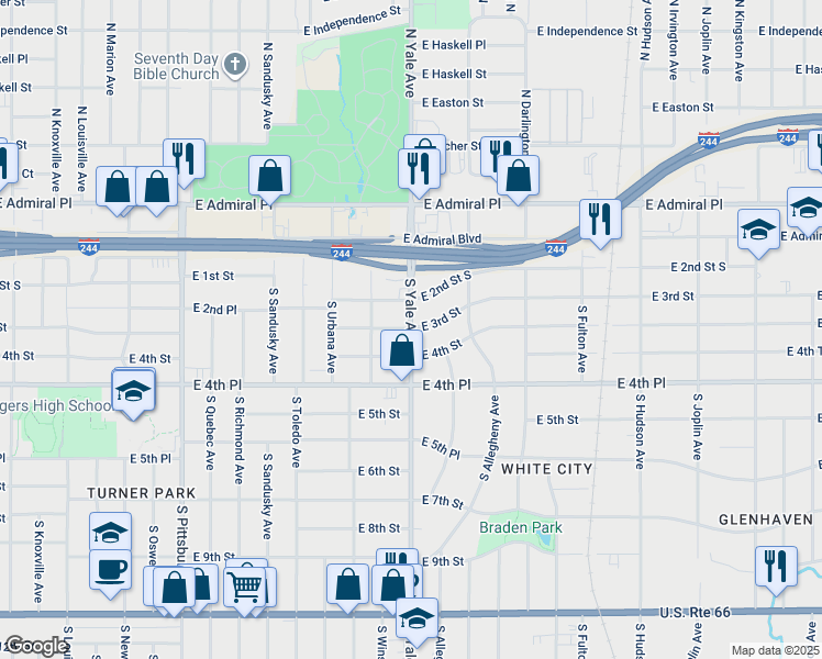 map of restaurants, bars, coffee shops, grocery stores, and more near 4910 East 2nd Street in Tulsa