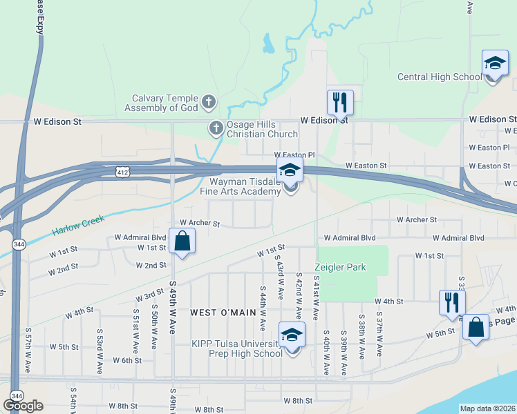 map of restaurants, bars, coffee shops, grocery stores, and more near 207 North 44th West Avenue in Tulsa
