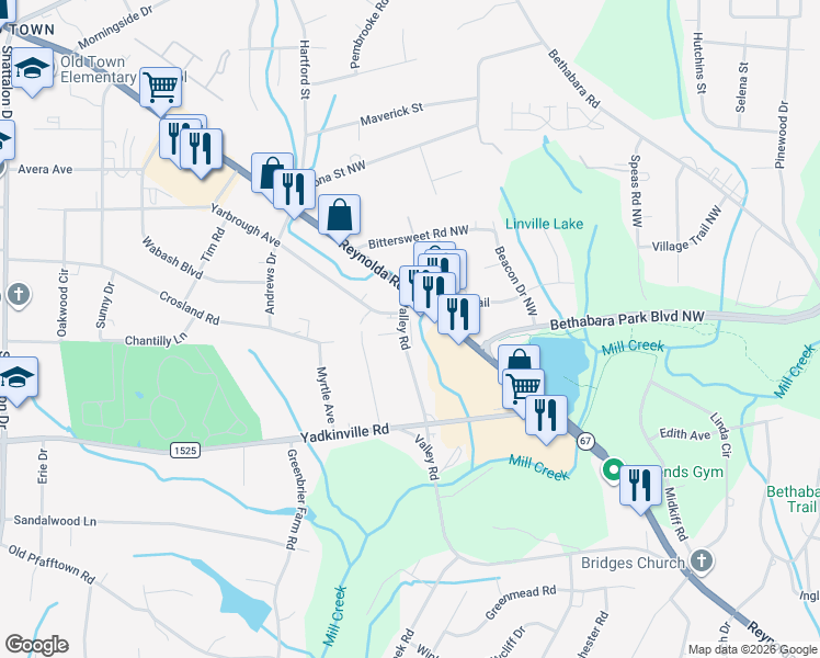 map of restaurants, bars, coffee shops, grocery stores, and more near 3505 Yarbrough Avenue in Winston-Salem