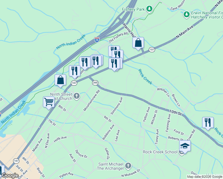 map of restaurants, bars, coffee shops, grocery stores, and more near 105 Lewis Lane in Erwin